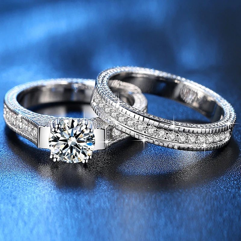 Women Silver Color Luxury 2 Rounds Cubic Zirconia Fashion Wedding Rings Sets, Men CZ 316L Stainless Steel Ring Couple Gifts