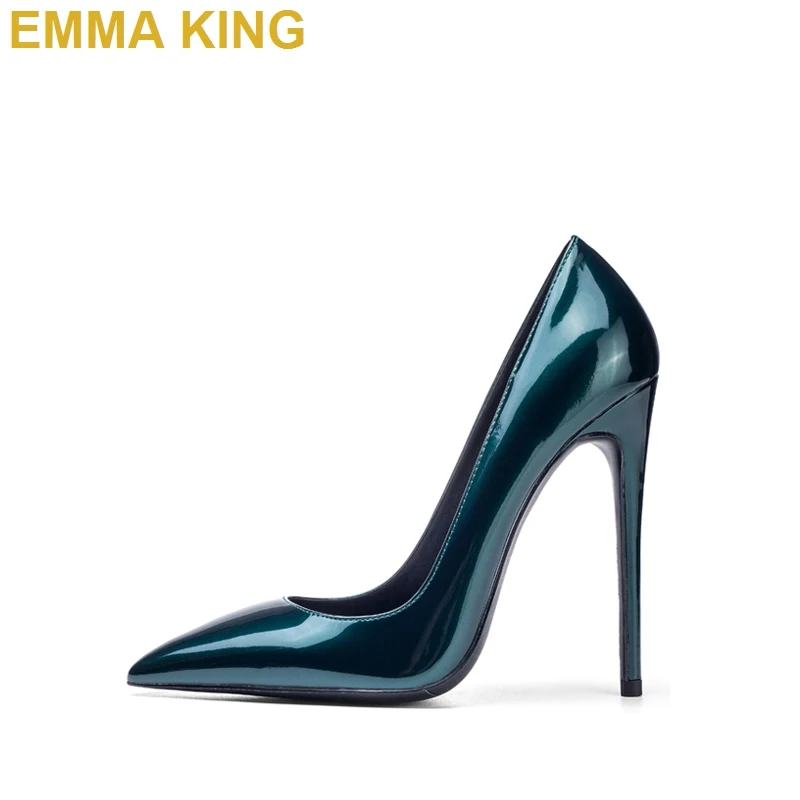 

EMMA KING Bluish Green Patent Leather Shoes Sexy Stiletto High Heels Women Pumps Pointed Toe Slip On Summer Shoes Dress Heels