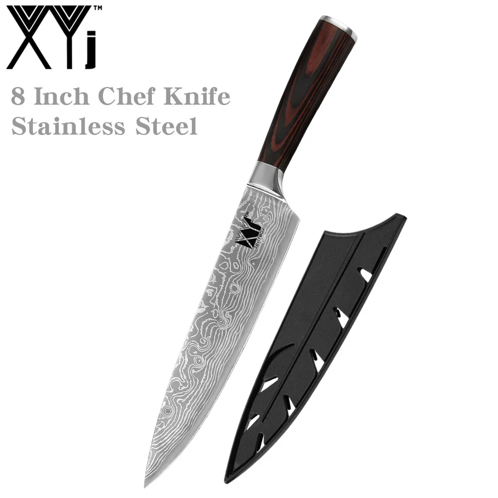 NO.6 XYj 8 inch Stainless Steel Chef Knife Damascus Pattern Blade Color Wood Handle Kitchen Cooking Knives Meat Fish Tools Accessory - Color: NO.6