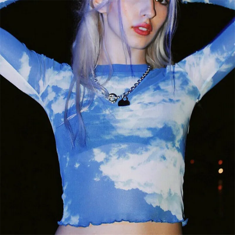 Для женщин Sheer в сеточку футболка голубое небо облако печати See Through Топы корректирующие повседневное с длинным рукавом черепаха средства ухода