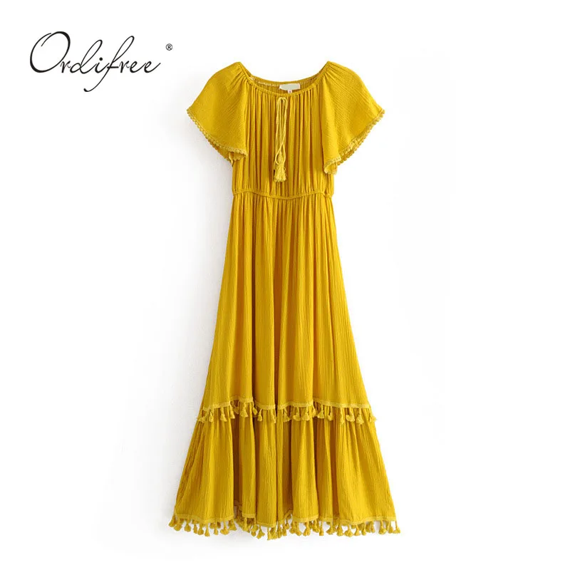 Ordifree/лето ; Boho; Женское Платье макси с открытыми плечами; с вырезом лодочкой; с кисточками; цвет желтый, белый; сексуальное длинное пляжное платье-туника