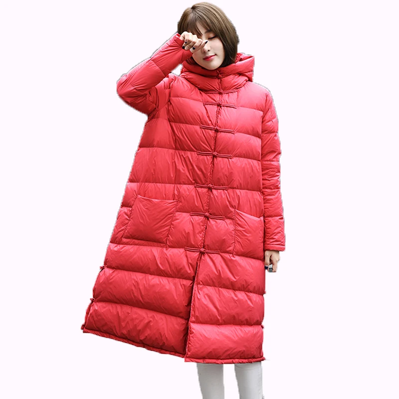 Зимний женский пуховик на кнопках винтажный стиль 2017 длинный свободный большого