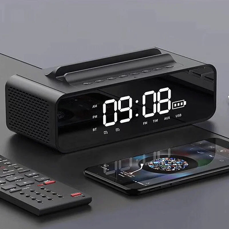 Умный Будильник беспроводной Bluetooth динамик FM радио Повтор электронные цифровые часы светодиодный дисплей кронштейн функция настольные часы - Цвет: black