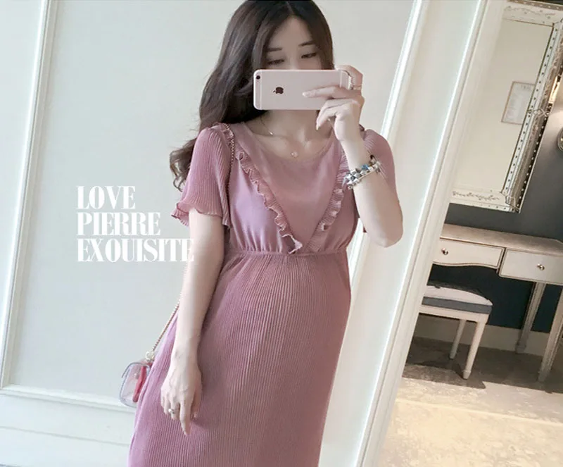 

Summer Maternity Dress For Pregnant Women Clothing Fashion Skirt Pregnancy Clothes with flouncing pleated skirt