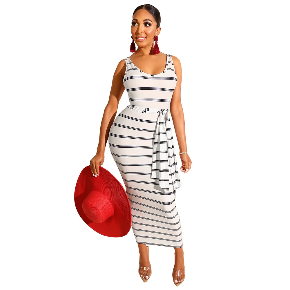 

New Arrival Summer Women Sexy Sleeveless Striped Robe Tank Long Dress Casual Bodycon Night Club Party Bandage Vestidos Elegant