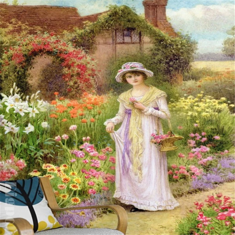

beibehang scale custom wallpaper world famous multicolored flowers flower garden powder skirt beauty figures oil paintings
