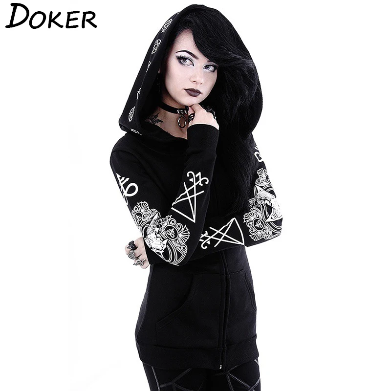 

5XL Gothic Punk Print Hoodies Sweatshirts Women Long Sleeve Black Jacket Zipper Coat Autumn Winter Female Casual Hooded Tops