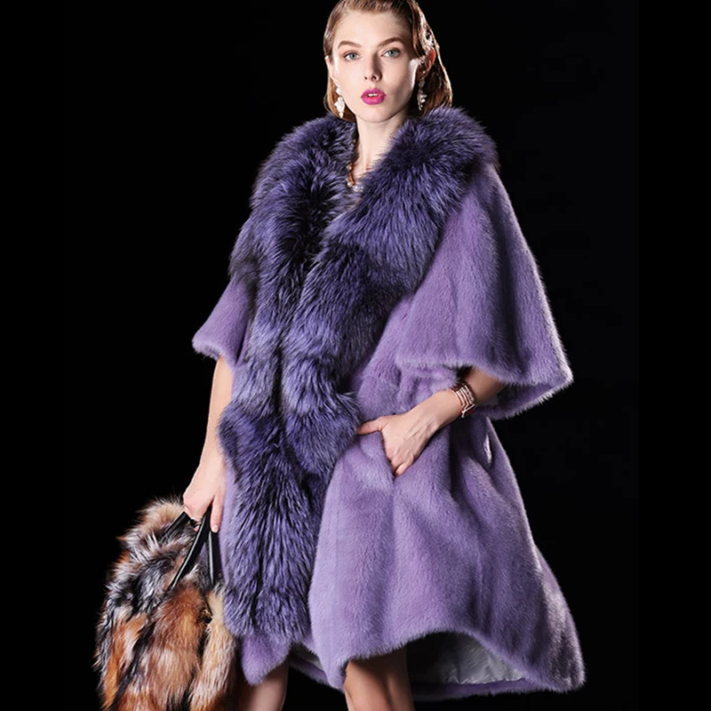 Ftangaiur 2021 Women Import Mink Coat Causal With Fox Fur Collar Half Sleeve Jacket Women's Long Real Coats | Женская одежда