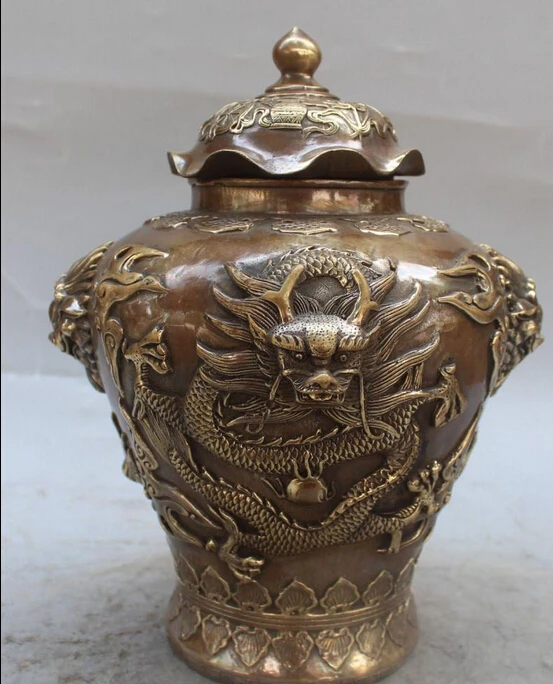 

xd 003078 11"Marked Bronze Fengshui Lion 8 Auspicious Symbol dragon incense burner Statue