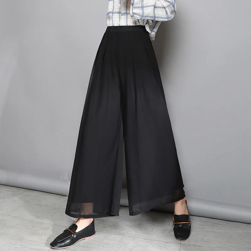 Summer Wide Leg Pants Female High Waist Pleated Plus Size Chiffon Palazzo Casual Loose Skirt Trousers Woman | Женская одежда