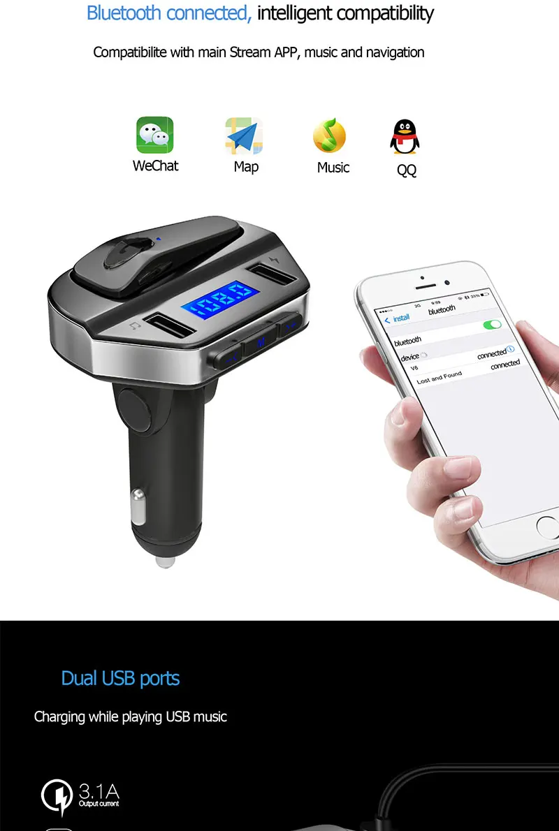MP3 плеер FM передатчик 3.1A быстрое USB зарядное устройство Bluetooth стерео гарнитура автомобильный комплект U диск ЖК-дисплей
