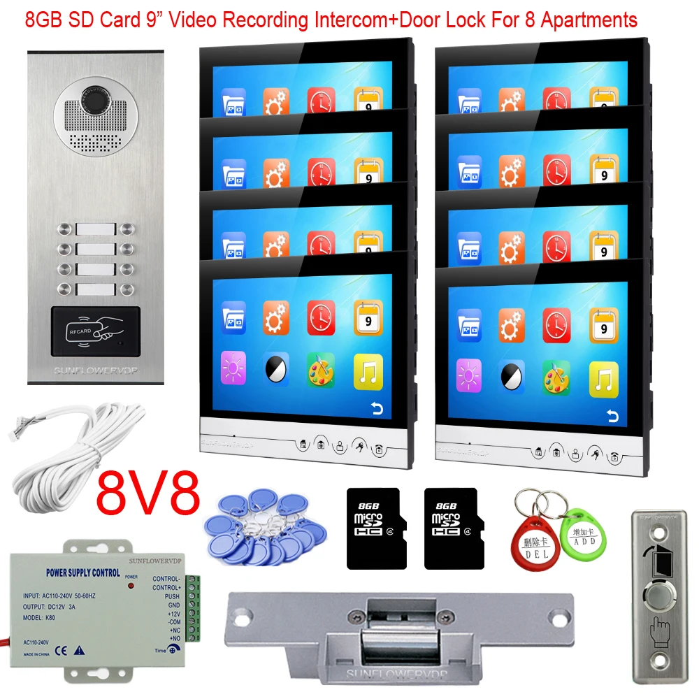 Botões de Chamada Gravação de Vídeo Interfone com Câmera Interfone com Trava 9 da Cor do Monitor Câmera Rfid 12 gb Vídeo Elétrica 8 – 10