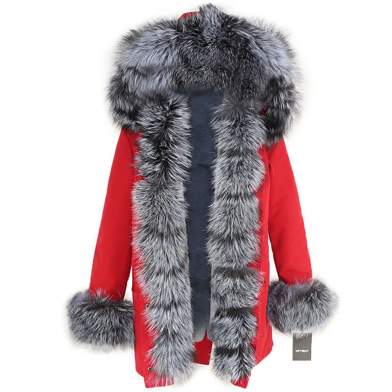 red silver Водонепроницаемая Женская парка, зимняя куртка, Женское пальто из натурального меха, Воротник из натурального Лисьего меха, капюшон, Толстая теплая Съемная уличная одежда, роскошная Новинка - Цвет: red silver