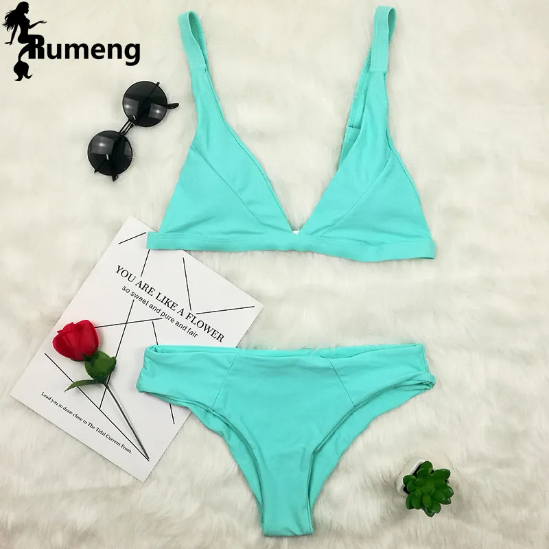 RUMENG 2018 летний сексуальный однотонный комплект бикини бандажный купальник
