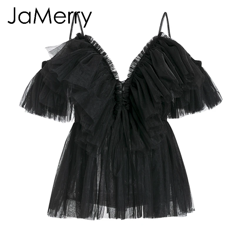 Черный JaMerry, винтажная, сексуальная, boho, сетчатая блузка, рубашка, женская, повседневная, одноцветная, с рюшами, рукав, элегантные топы, летние, на шнуровке, для девушек, blusas - Цвет: Черный
