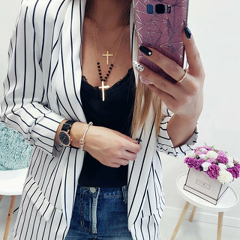 

Fashion Autumn Women Striped Print Blazer Ladies Wear Casual Black White Office Thin Outwear Elegant Lady Slim Blazer