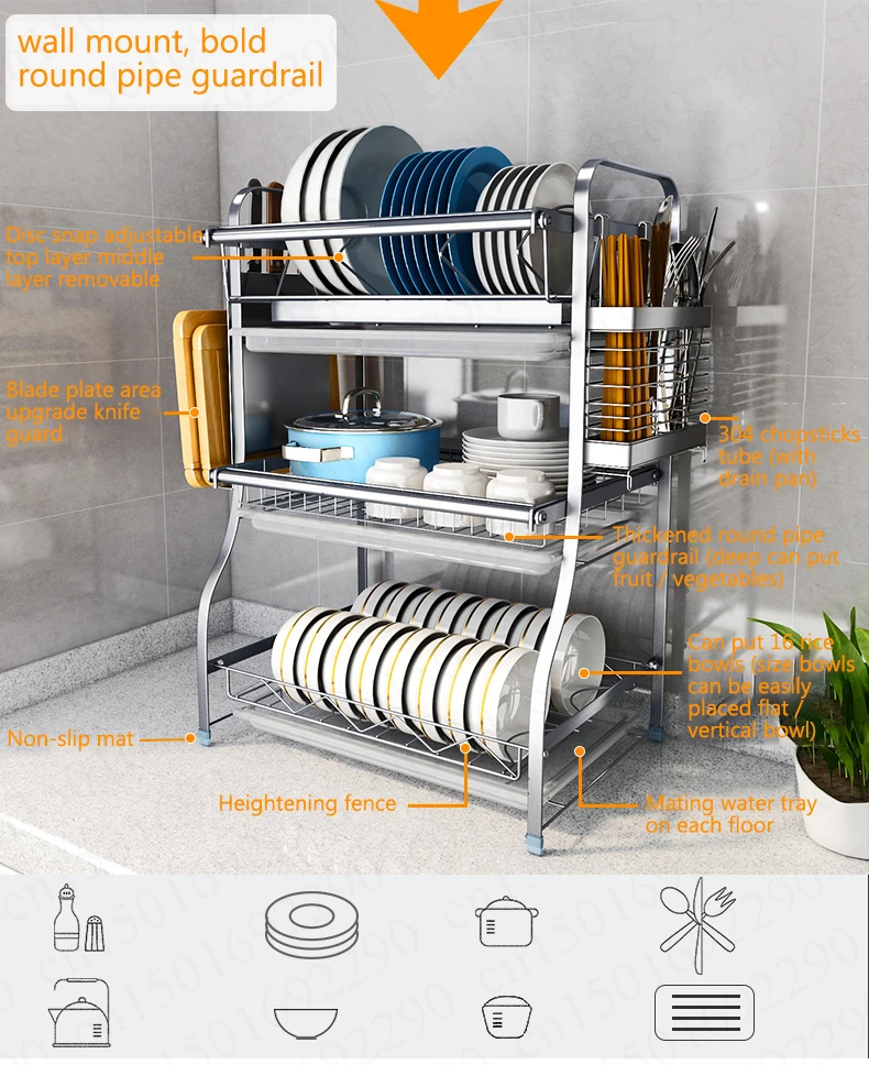 New Wall-mounted/ Desktop Multi-use 2/3 Layers Dish Rack Drain Stainless Steel Dish Drying Rack Kitchen Organizer Anti-rust