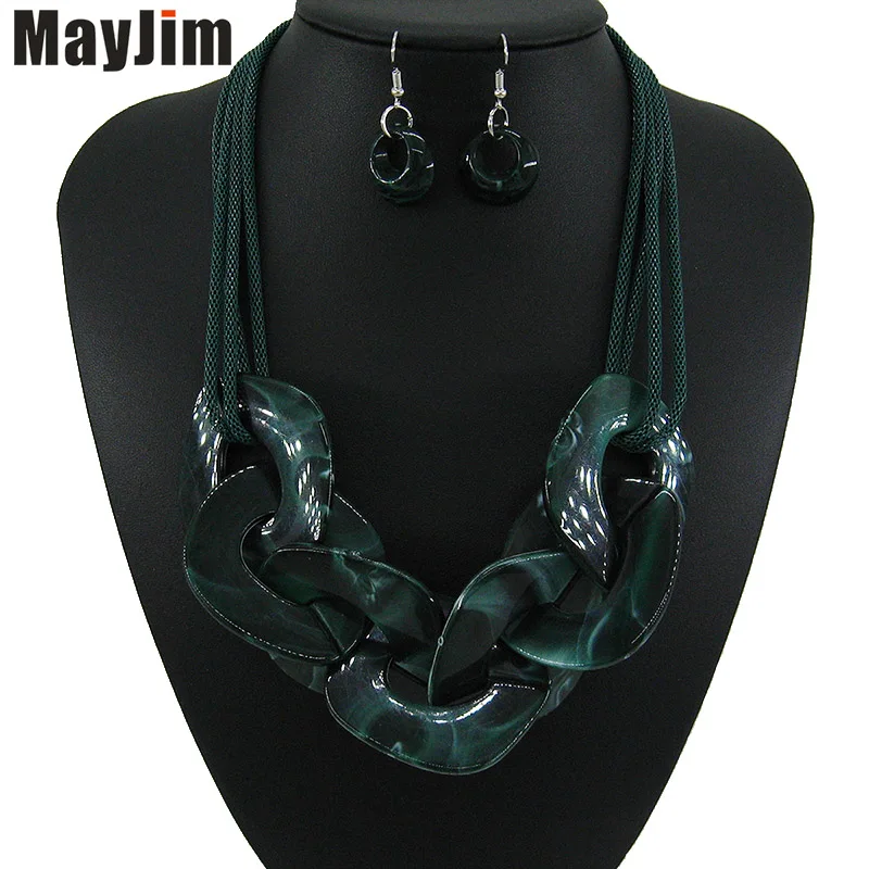 Dark green Модная винтажная Серебряная цепочка с натуральной текстурой, наборы ювелирных изделий из смолы, набор ювелирных изделий в этническом стиле, набор роскошных женских украшений в богемном стиле - Окраска металла: Dark green
