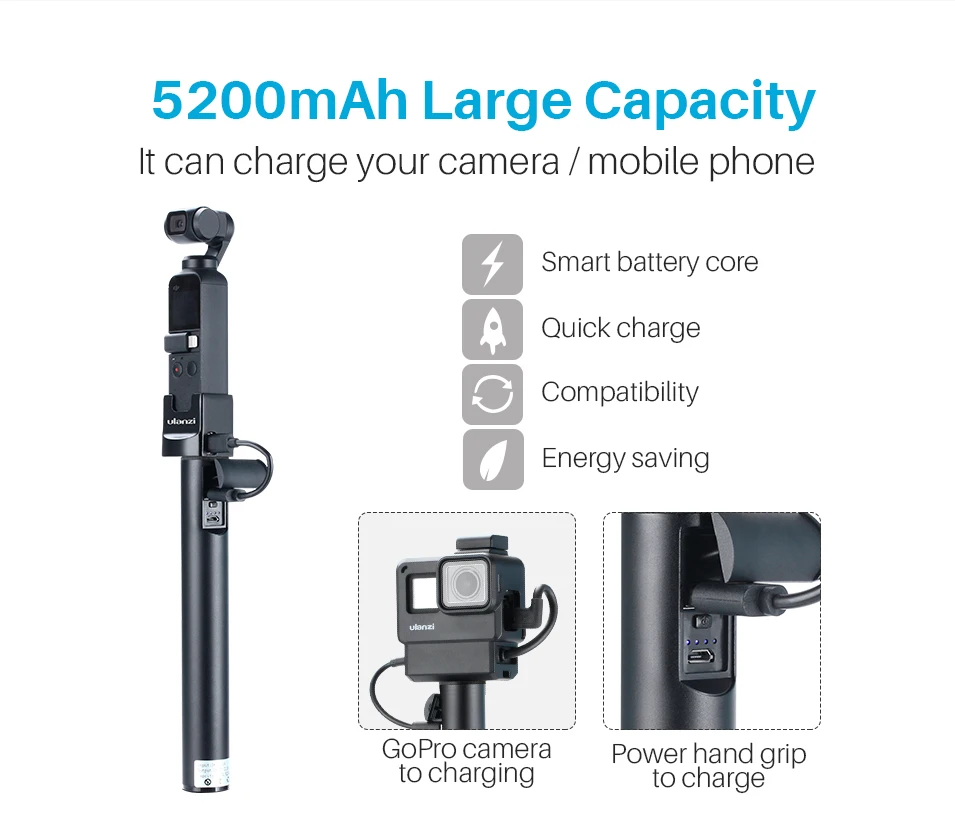 5200 мАч, 2 в 1, Дополнительный внешний аккумулятор, ручка для Osmo Pocket Gopro Hero 7 6 5 eken Sjcam Vlog Stick Grip