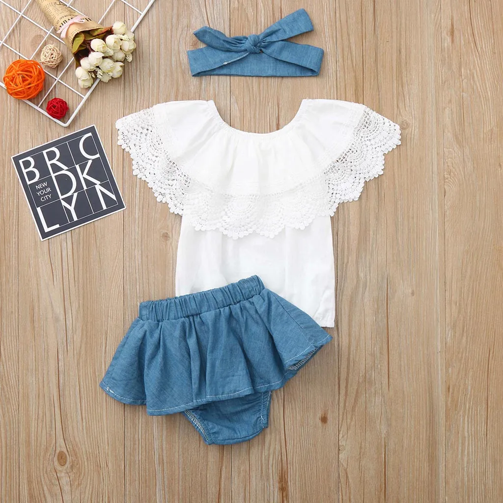 Baby Girls Clothes 2019 Summer New Kid Clothing Newborn Girl Outfit Lace Ruffled Top+Demin Shorts Dress+Headband Colthing | Детская