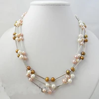 new arriver real pearl jewellery3 rows 4 7mm white golden pink freshwater pearl necklacenew free shipping