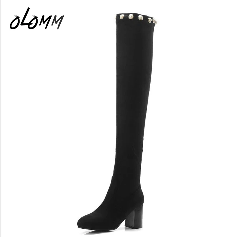 Зимние женские Сапоги выше колена большие размеры обувь из флока без шнуровки