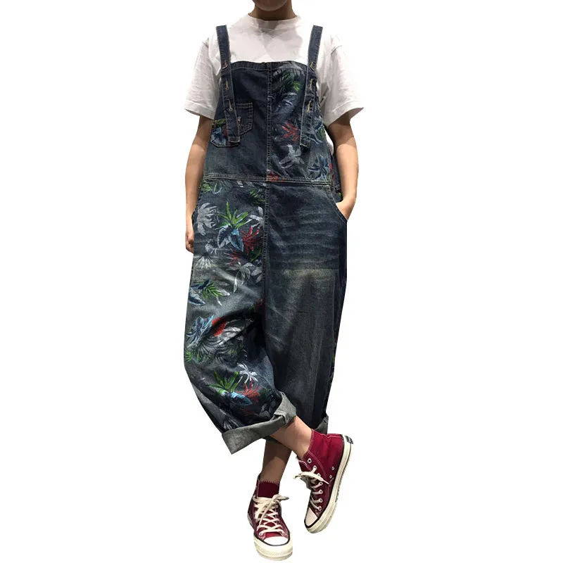 

Personality Bib Female 2019 Spring New Printing Jeans Female Retro Art Wild Loose Causal Pants nt-01