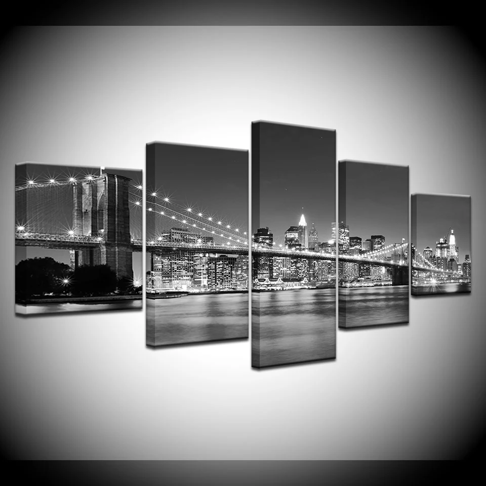 

Canvas HD Prints Pictures Framework 5 Pieces Black White Brooklyn Bridge City Night View Paintings Home Wall Art Decor Posters