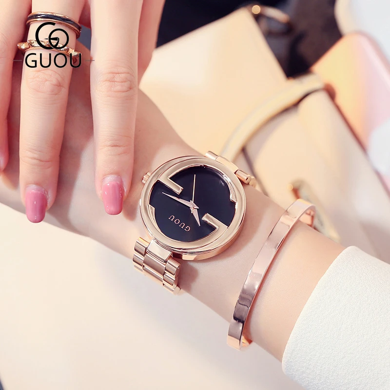 Женские Кварцевые Часы GUOU модные часы из нержавеющей стали|saat|saat womensaat watch |