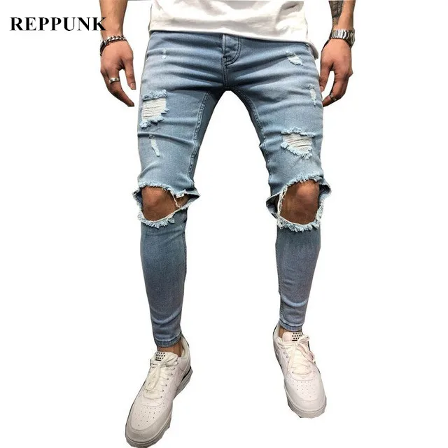 REPPUNK 2019 новые зауженные рваные джинсы мужские синие и черные Hi Street состаренные