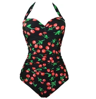 2016 summer swimwear sexy vintage floral print monokini cherry swimsuit halter push up one piece bathing suit plus size xxxl