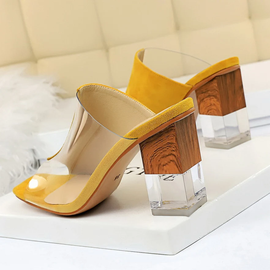 Женские сланцы на высоком каблуке 9 см летние прозрачные шлепанцы низком