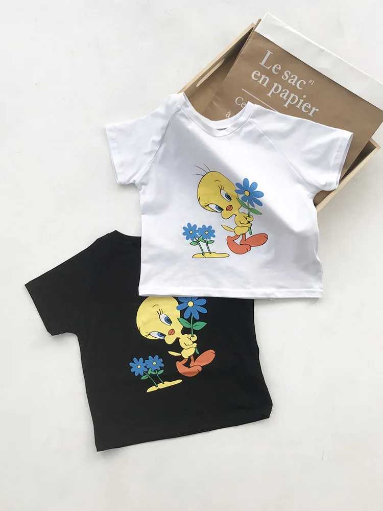 Женская футболка с рисунком цыпленка Повседневный хлопковый укороченный