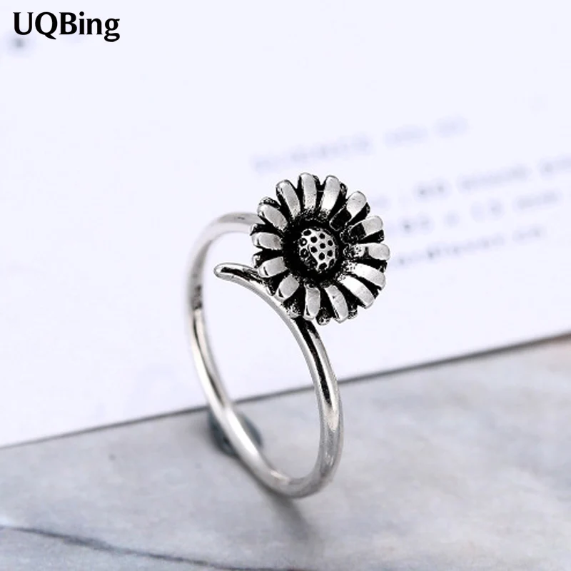 

Free Shipping Retro Sunflower Flowers Sterling Silver Ring For Women Jewelry Finger Ring For Party Birthday Gift