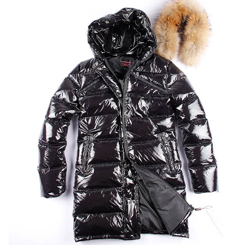 New 2018 Autumn Winter Duck Down Coat Natural Raccoon Fur Collar Hooded Jacket Black Shine Solid Overcoat Parkas Streetwear | Женская