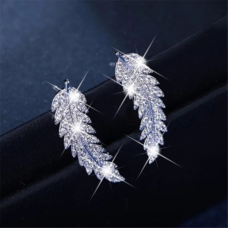 Feather Shape Drop Earrring Pave AAAAA cz Real 925 sterling silver Statement Party Wedding Dangle Earrings for women Ear Jewelry | Украшения