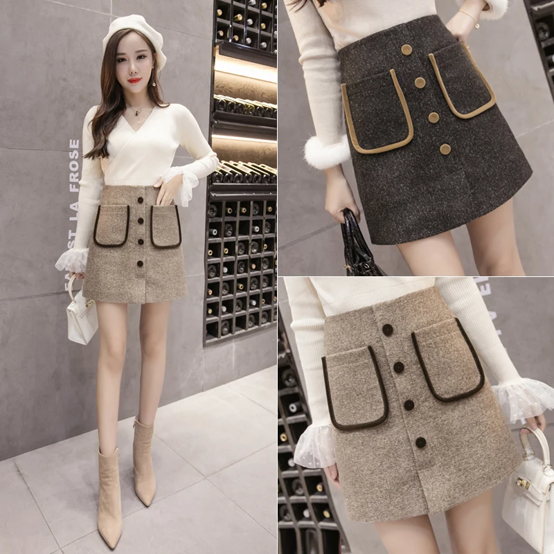 Шерстяная Юбка с высокой талией в стиле ретро осенняя и зимняя обтягивающая юбка