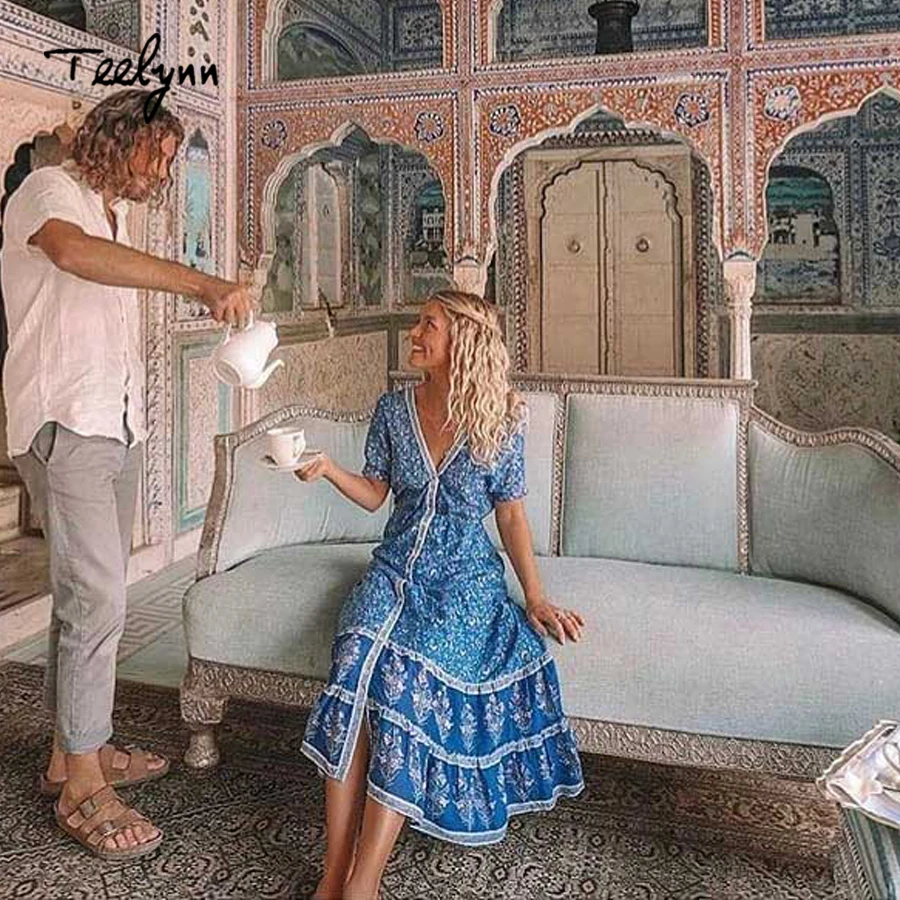 TEELYNN boho платье 2018 осень вискоза красный цветочный принт Длинные платья с коротким