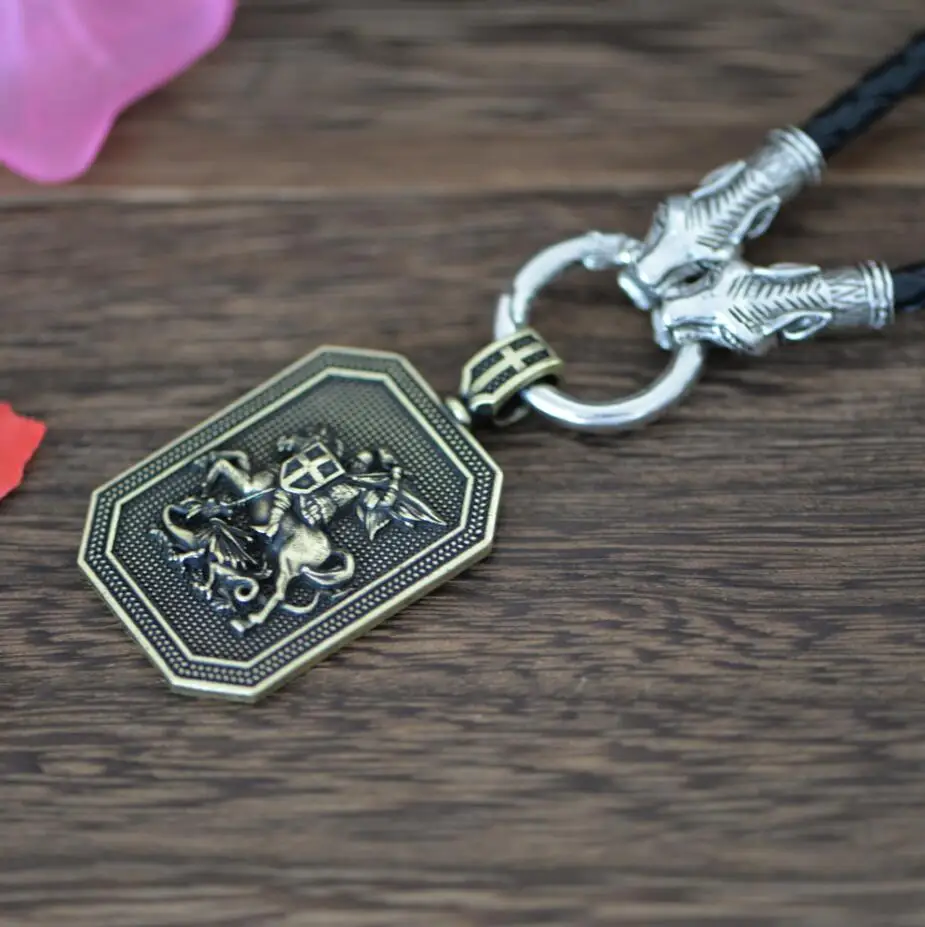 Leather Cord Three Langhong 1 шт. Святого Георгия защитить меня святая молитва религиозное ожерелье защита Шарм ожерелье ювелирные изделия-талисманы - Окраска металла: Leather Cord Three