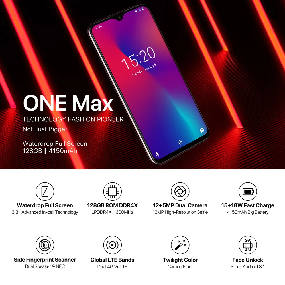UMIDIGI One Max мобильный телефон 4 ГБ 128 ГБ 6,3 дюйма Helio P23 Восьмиядерный Android 8,1 16 Мп+ 12 МП 4150 мАч NFC Face ID 4G смартфон