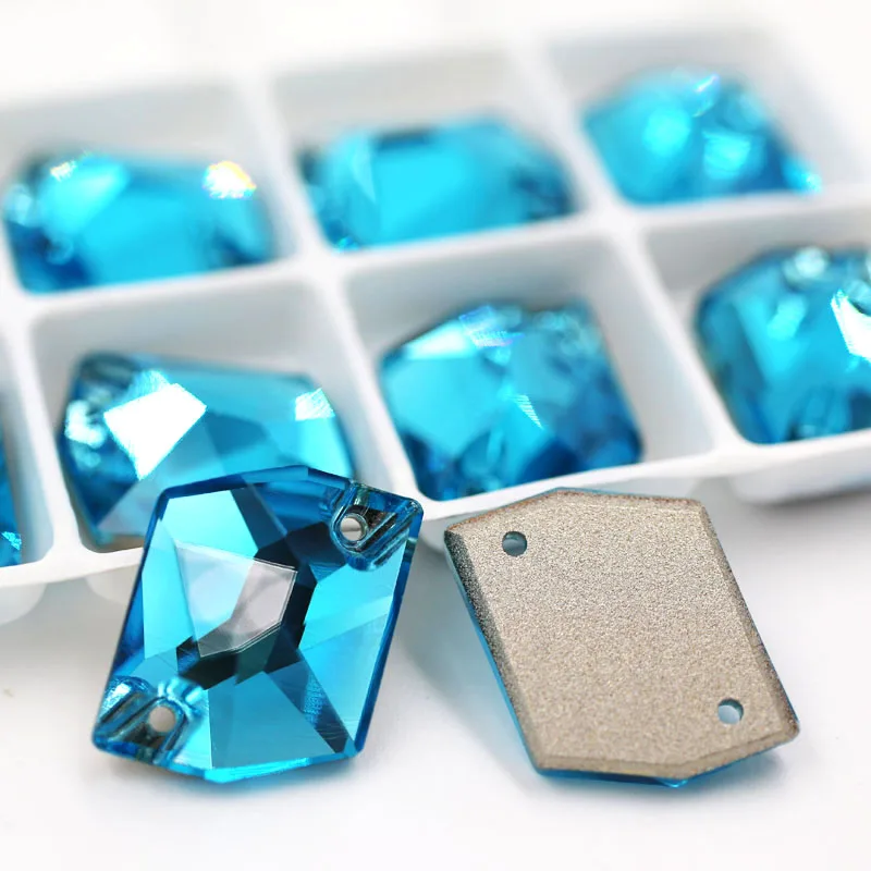 Sea blue Новинка, 13x17 мм, Шестигранная форма, мокко, двойное отверстие, стекло, кристалл, пришивные стразы с плоской задней стороной, для одежды, свадебные украшения - Цвет: Sea blue