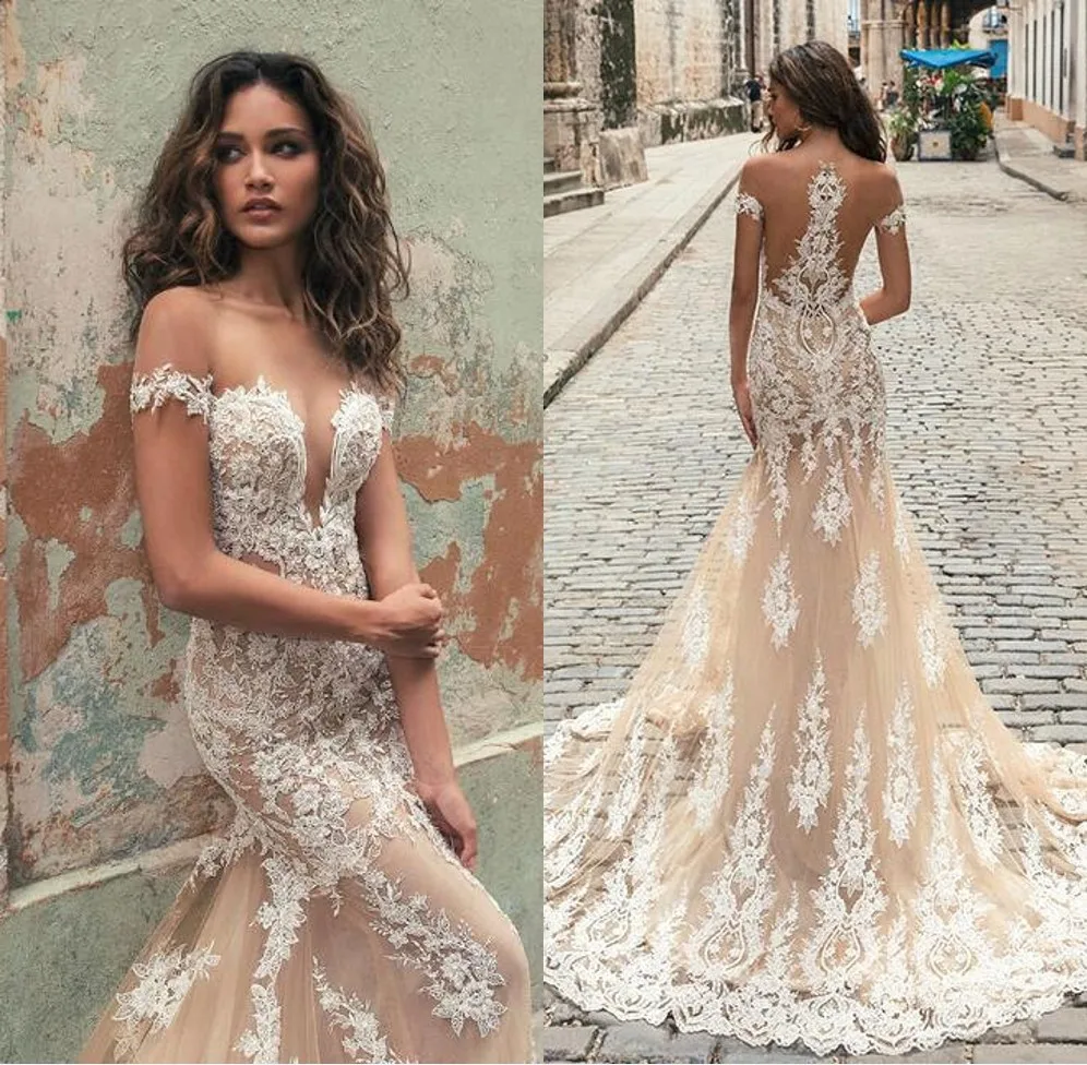 Vestido de noiva Иллюзия сзади Русалка шампанского Кружева Свадебные платья с открытыми плечами Аппликации Свадебные платья из фатина