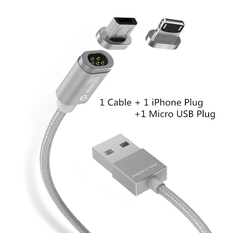 Silver IOS Android Магнитный кабель WSKEN Mini 2 USB для iPhone 5, 5S, 6, 7, 8 Plus, samsung, IOS/Micro USB, кабель для быстрой зарядки, светодиодный индикатор - Цвет: Silver IOS Android