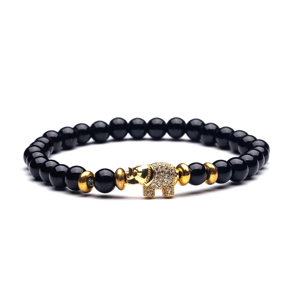 Black-Gold Шарм Браслет для Мужчин Моды Роскошь Micro Pave CZ Слон Высокое качество Лава камень бисер Strand Браслеты Ювелирные Изделия Мужской Homme - Окраска металла: Black-Gold