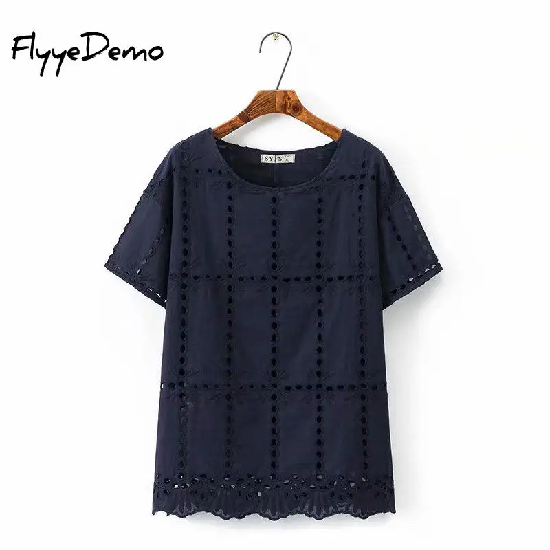4XL размера плюс женские топы с вырезами и вышивкой, короткий рукав, летняя футболка, свободная Базовая футболка, кружевная открытая футболка для женщин