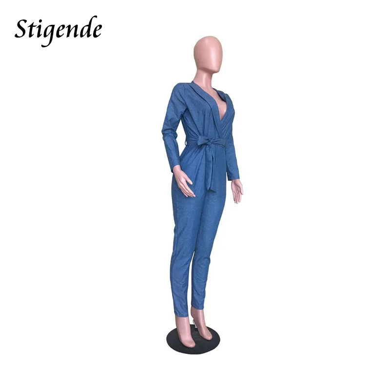 Stigende Тонкий Bodycon джинсовый комбинезон для женщин с длинным рукавом Глубокий V средства ухода за кожей Шеи джинсовый комбинезон наряды сплошной сини
