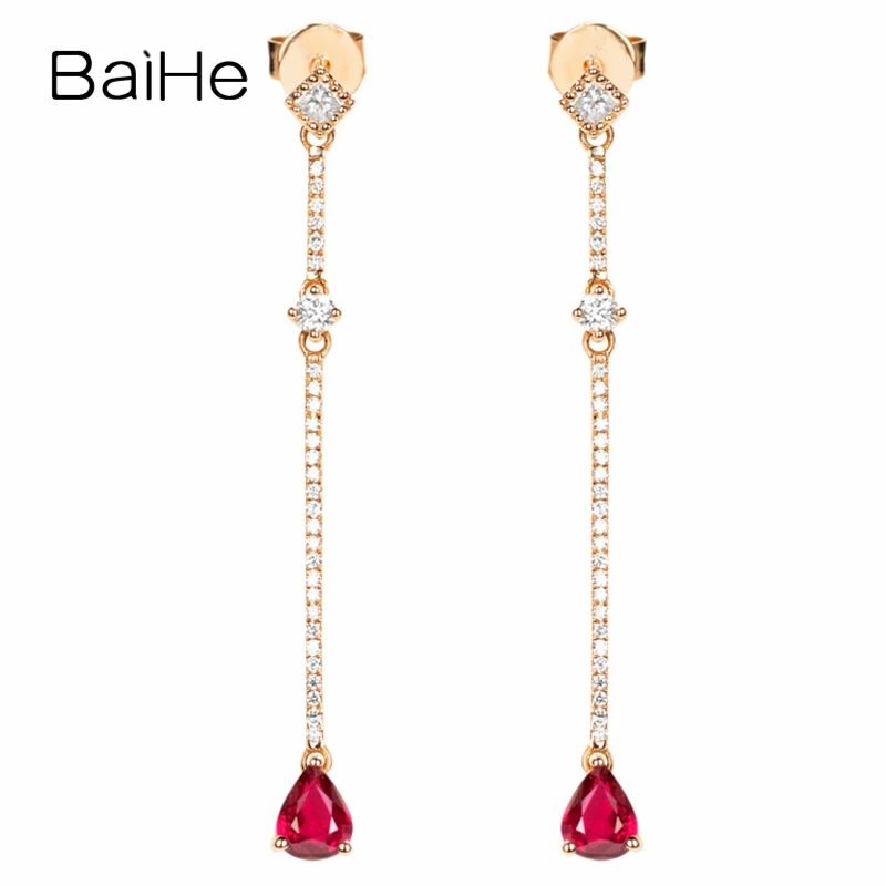 

BAIHE Genuine Solid 14K Rose Gold Ruby Long Water droplets Stud Earrings Women Trendy Fine Jewelry Making أقراط قطرة الماء