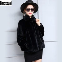 nerazzurri autumn short light soft faux fur jacket women long sleeve high waist casual loose korean fashion pleated fluffy coat