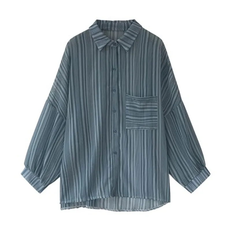 

2021 New Spring Summer Blouse Women Loose Large Size Sriped Lantern Sleeves Shirt Sunscreen Cardigan Chiffon Coat x683