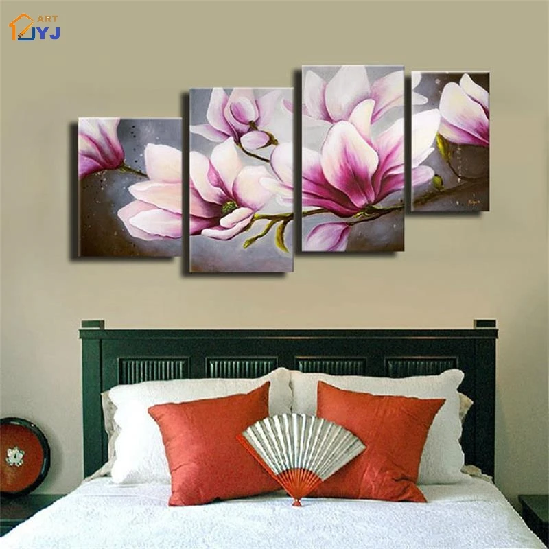 Картина с розовыми цветами 4 панели модульная Современная картина маслом ручной